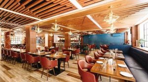 Dining setup with scenic views at a restaurant on Shimla Mall Road