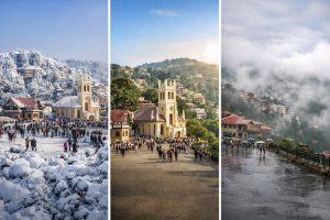 Scenic view of Shimla with snow-capped mountains and cozy hotels