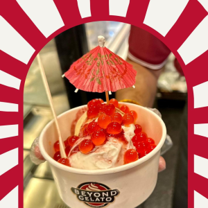 Gelato sundae topped with colorful fruity popping boba.